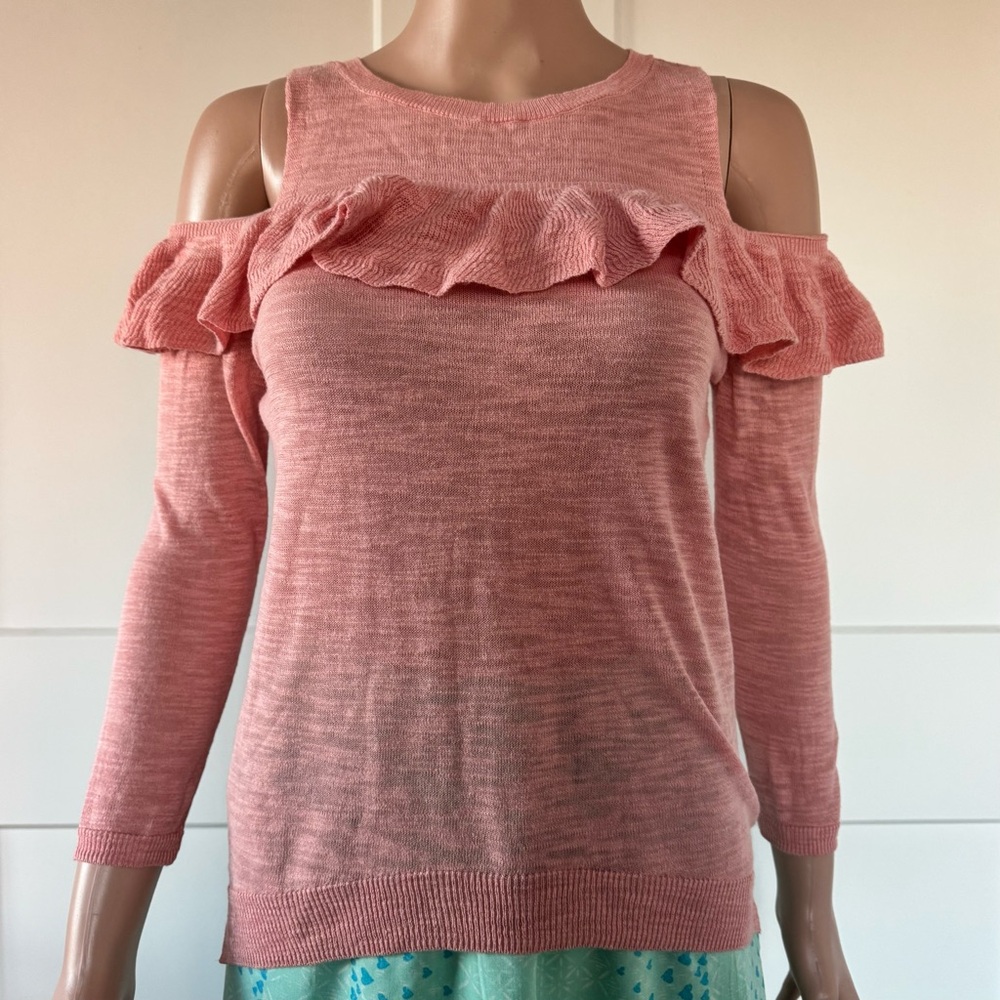 Express Pink Open Shoulder Ruffles Ruffle Sweater Top Blouse XS X-Small